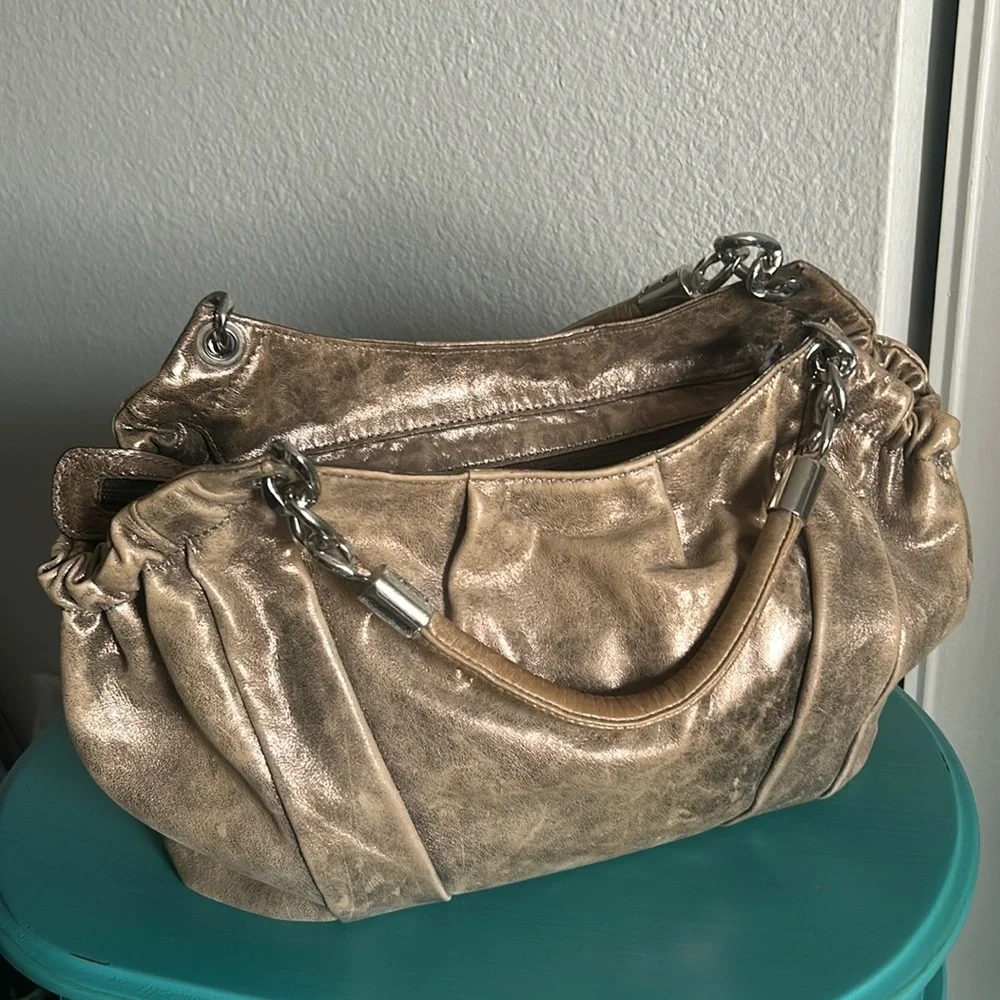 Michael Kors Luxe Metallic Antiqued Gold Supple Leather Hobo Hand Shoulder Bag
